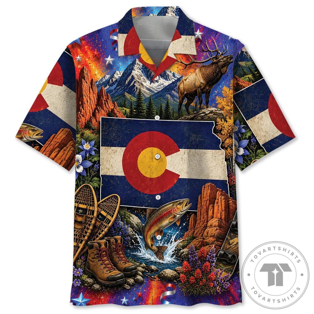 Colorado State Flag Mountain Elk Fishing Vintage Hawaiian Shirt