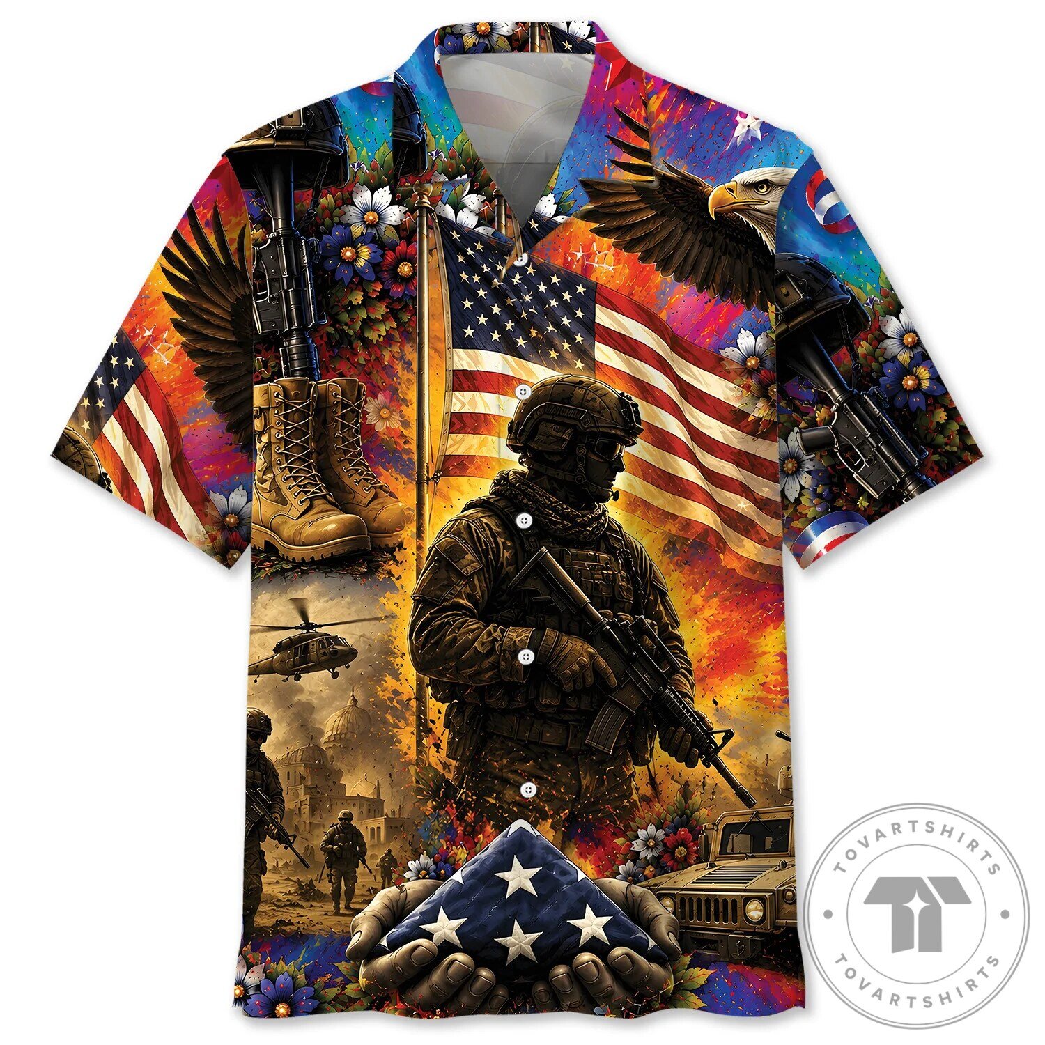 Colorful Military Veteran Vintage Art American Flag Patriotic Hawaiian Shirt