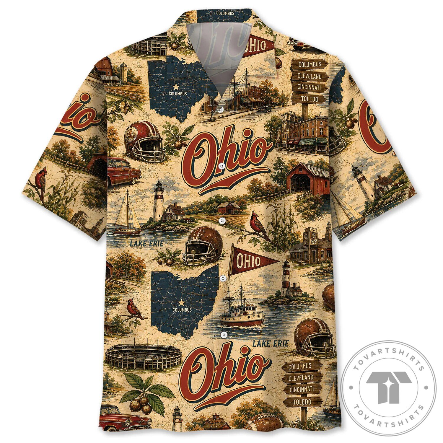 Vintage Ohio State Map and Landmarks Hawaiian Shirt