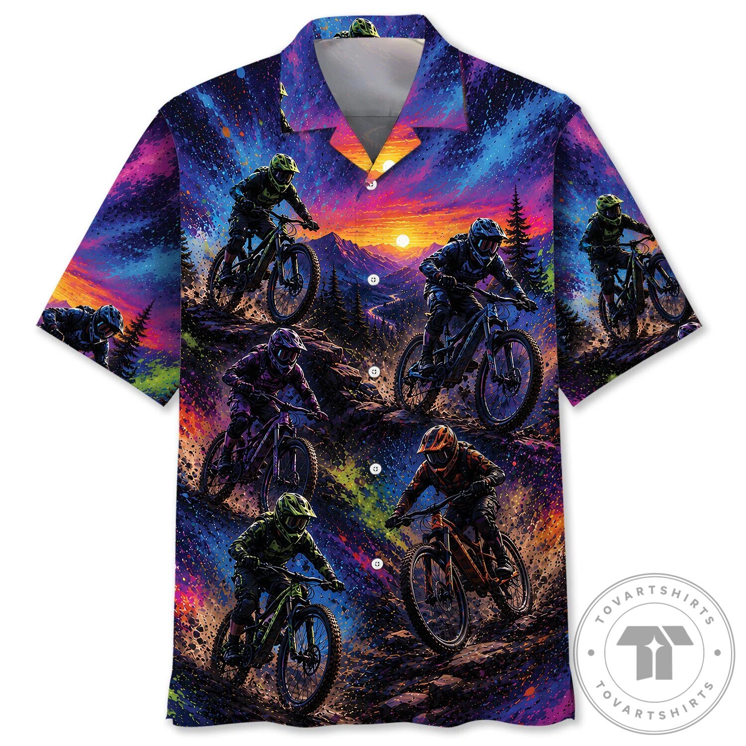 Colorful Mountain Biking Sunset Adventure Hawaiian Shirt for Men and Women