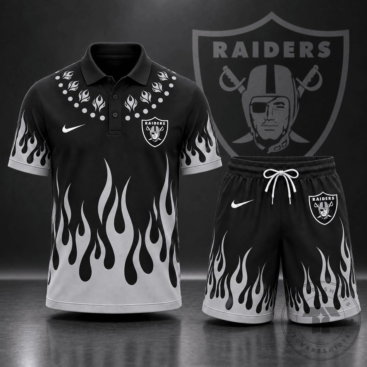Las Vegas Raiders Flame Graphic Polo Shirt and Shorts Set