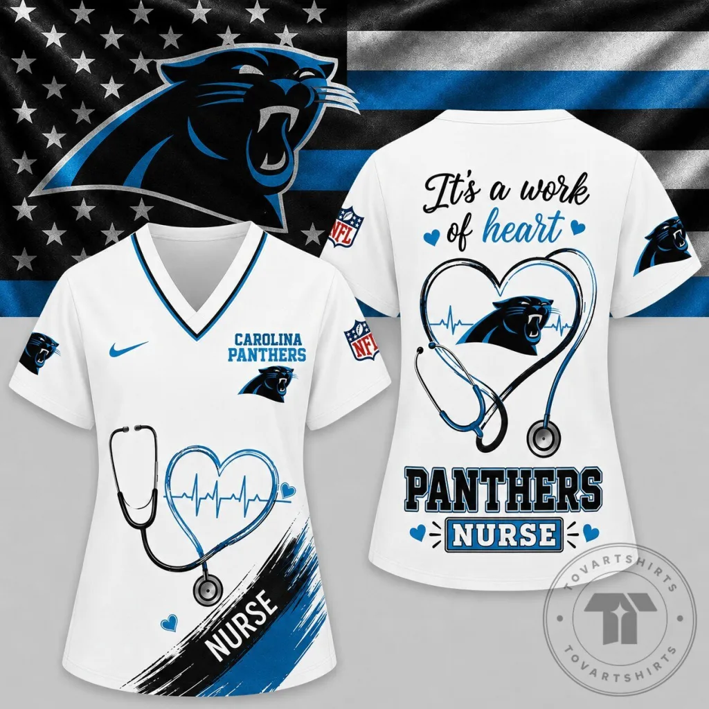 Carolina Panthers NFL Nurse Work of Heart V-Neck T-Shirt for Women Carolina Panthers NFL Nurse Work of Heart V-Neck T-Shirt for Women