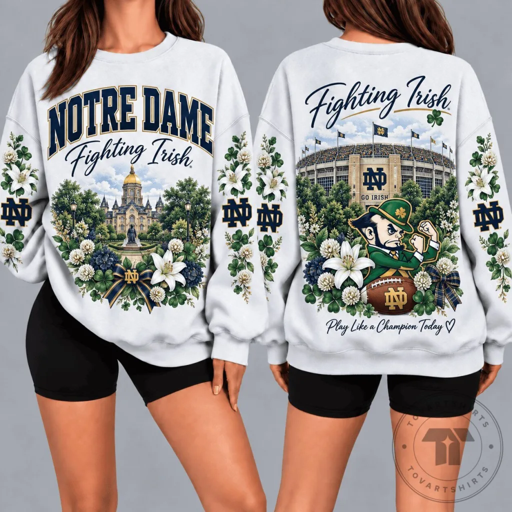 Notre Dame Fighting Irish Football Stadium Floral White Crewneck Sweatshirt Notre Dame Fighting Irish Football Stadium Floral White Crewneck Sweatshirt