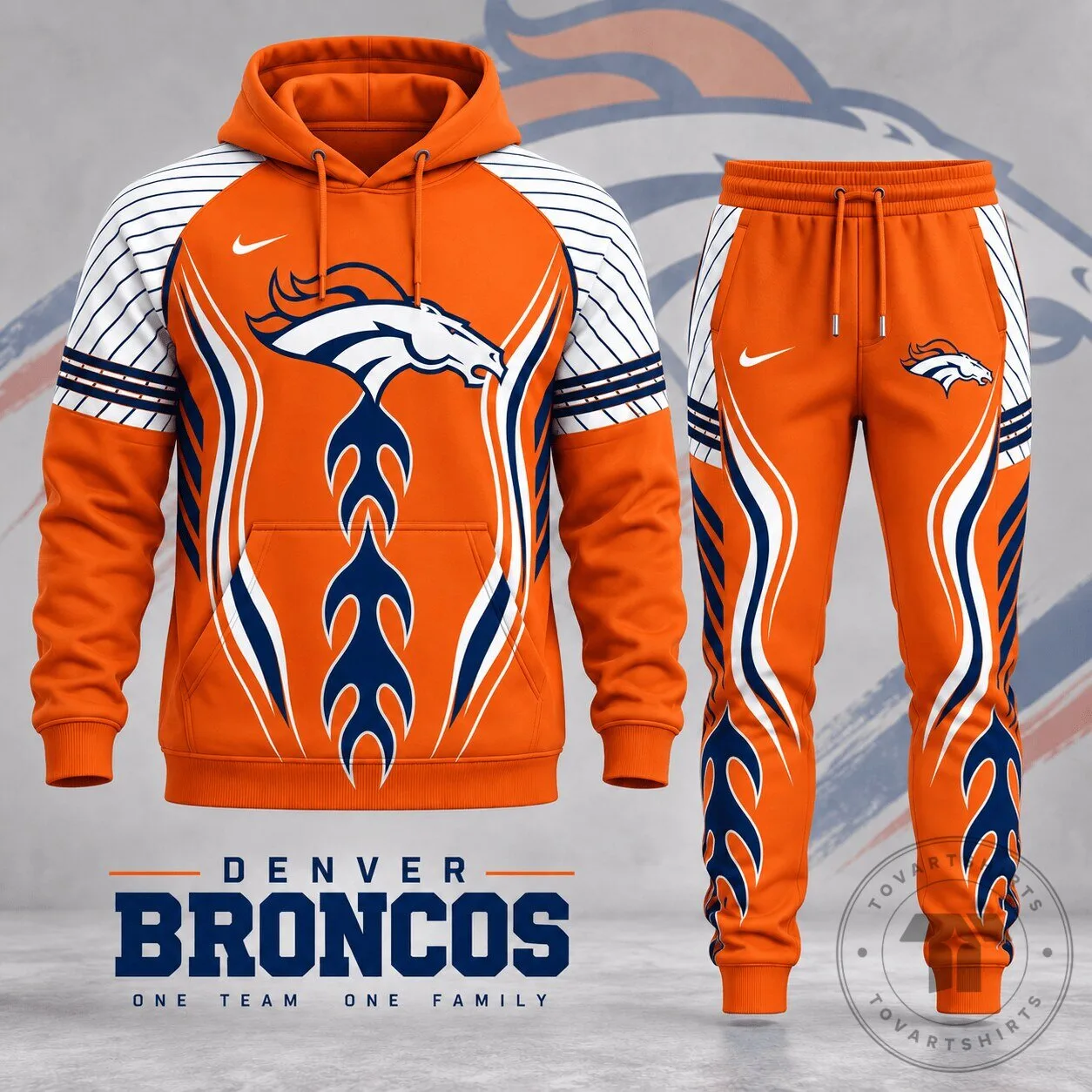 Denver Broncos NFL Football Team Orange Flame Design Hoodie and Jogger Pants Set