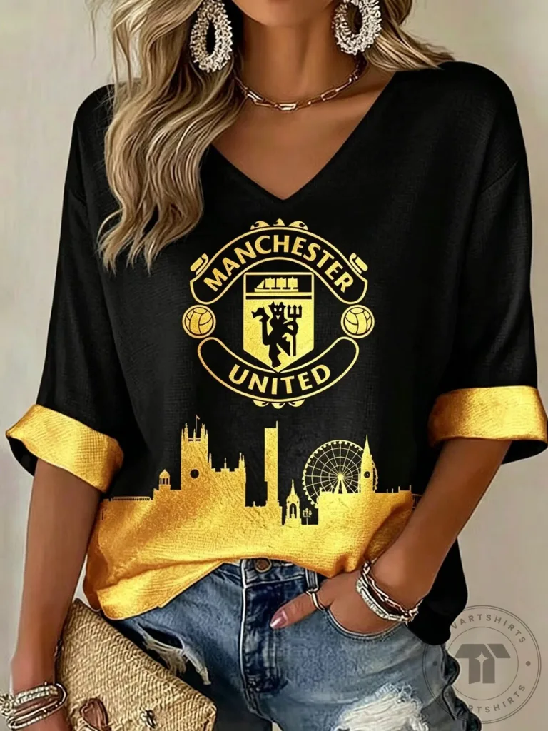Manchester United Football Club Women's V-Neck Casual Graphic T-Shirt 26 Manchester United Football Club Women's V-Neck Casual Graphic T-Shirt