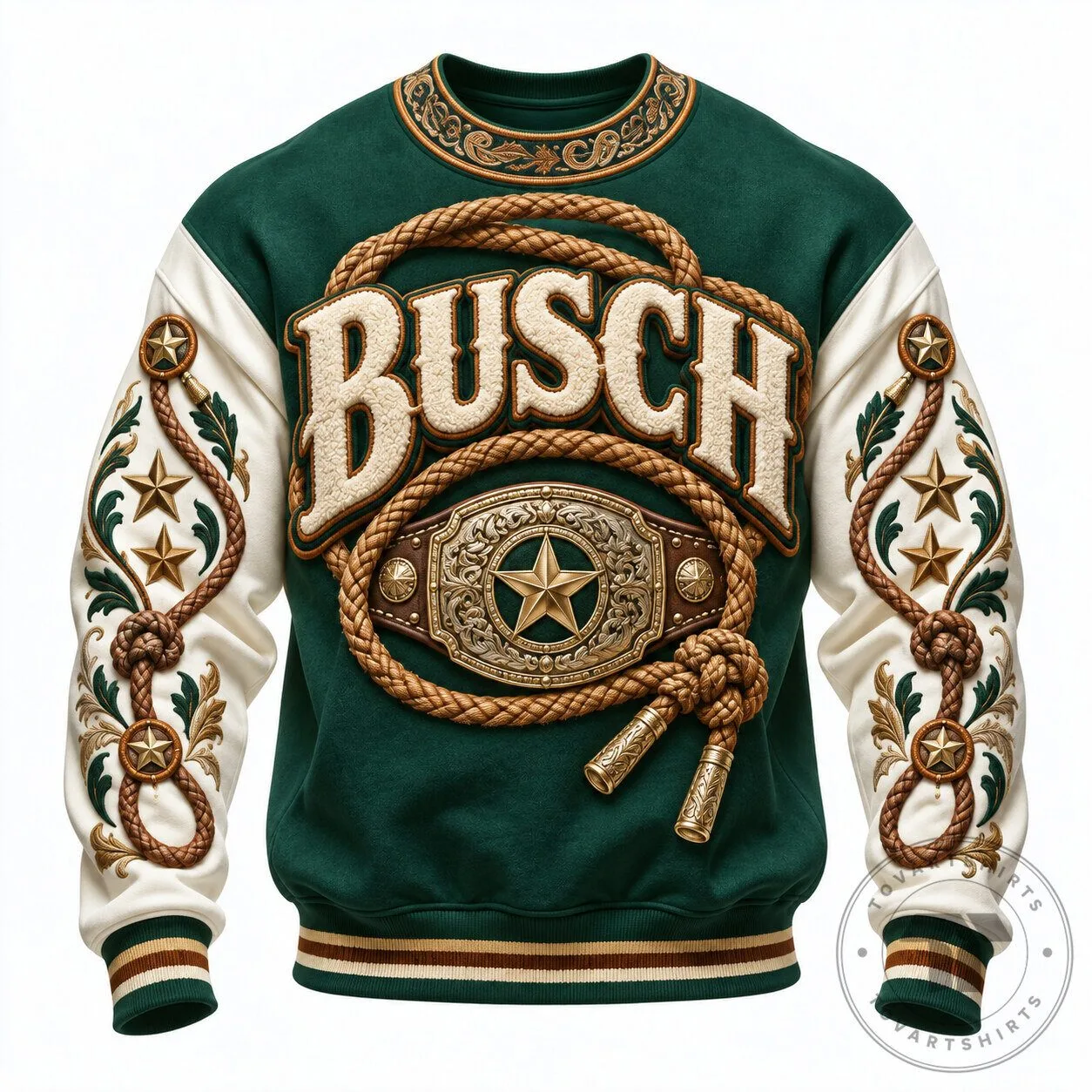 Busch Beer Cowboy Western Style Green and White Crewneck Sweatshirt