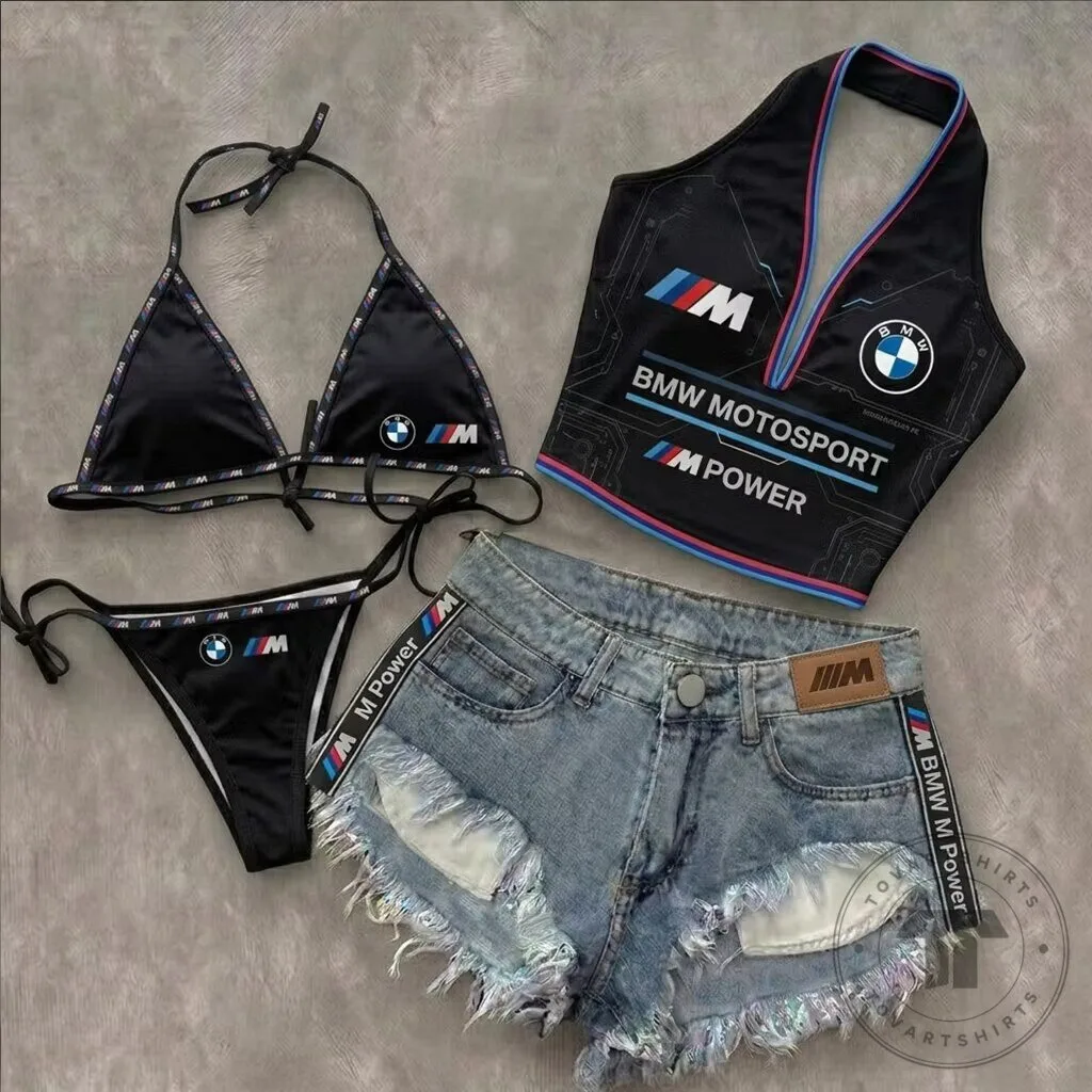 BMW Motorsport M Power Bikini Top and Bottom with Denim Shorts Set