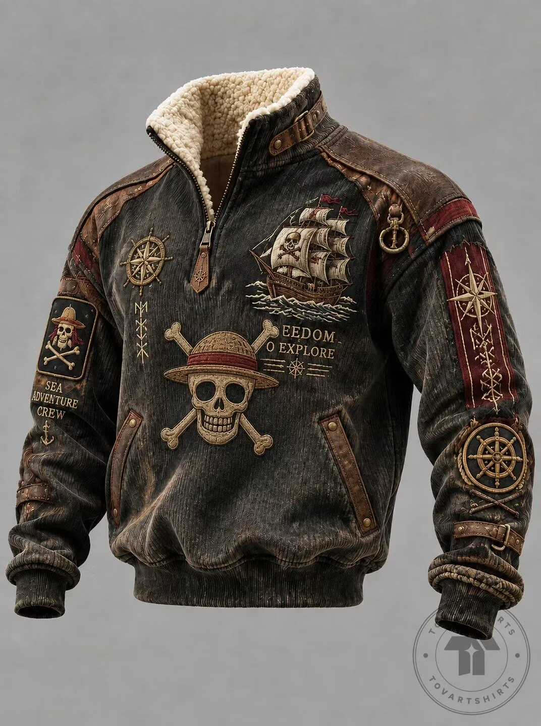 One Piece Anime Skull Pirate Ship Embroidered Sherpa Lined Bomber Jacket