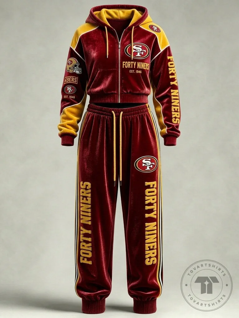 San Francisco 49ers Red and Gold Velvet Cropped Hoodie and Jogger Pants Set