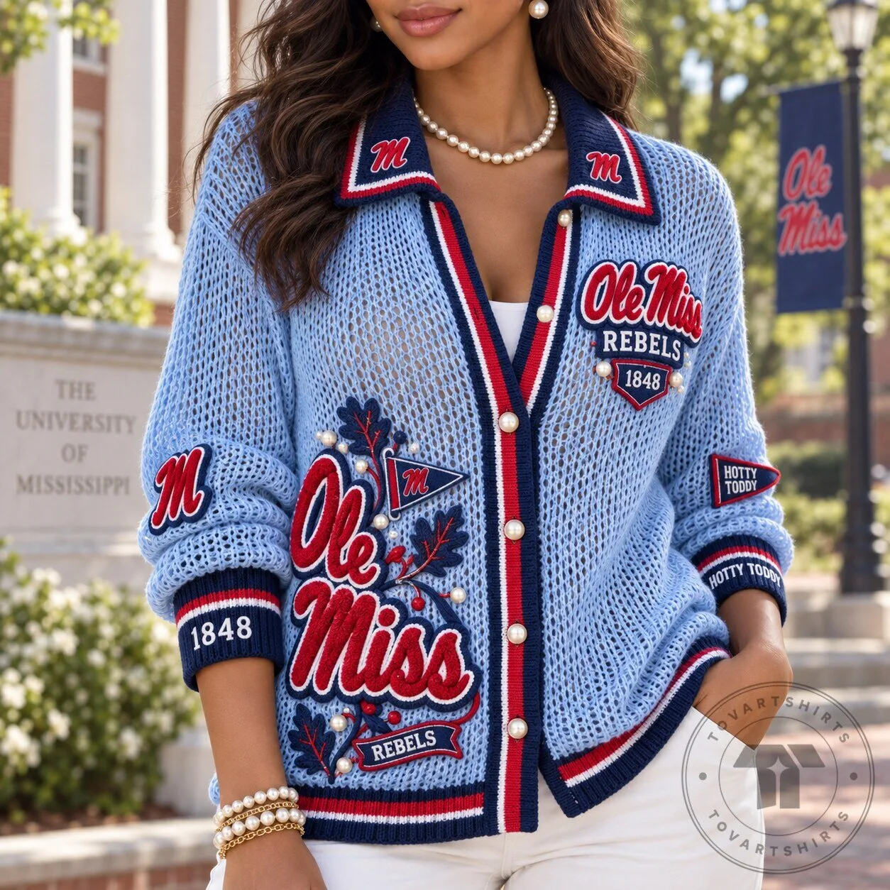 Ole Miss Rebels Women's Blue Knit Cardigan Sweater 1 Ole Miss Rebels Women's Blue Knit Cardigan Sweater