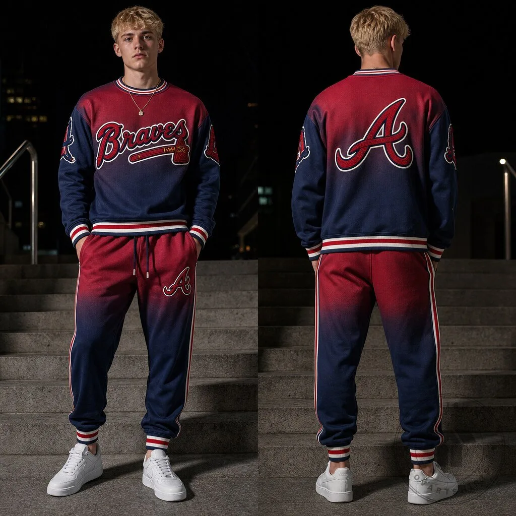 Atlanta Braves Ombre Gradient Crewneck Sweatshirt and Jogger Pants Set 5 Atlanta Braves Ombre Gradient Crewneck Sweatshirt and Jogger Pants Set