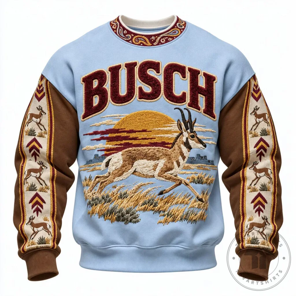 Busch Beer Pronghorn Antelope Wildlife Embroidered Crewneck Sweatshirt Busch Beer Pronghorn Antelope Wildlife Embroidered Crewneck Sweatshirt