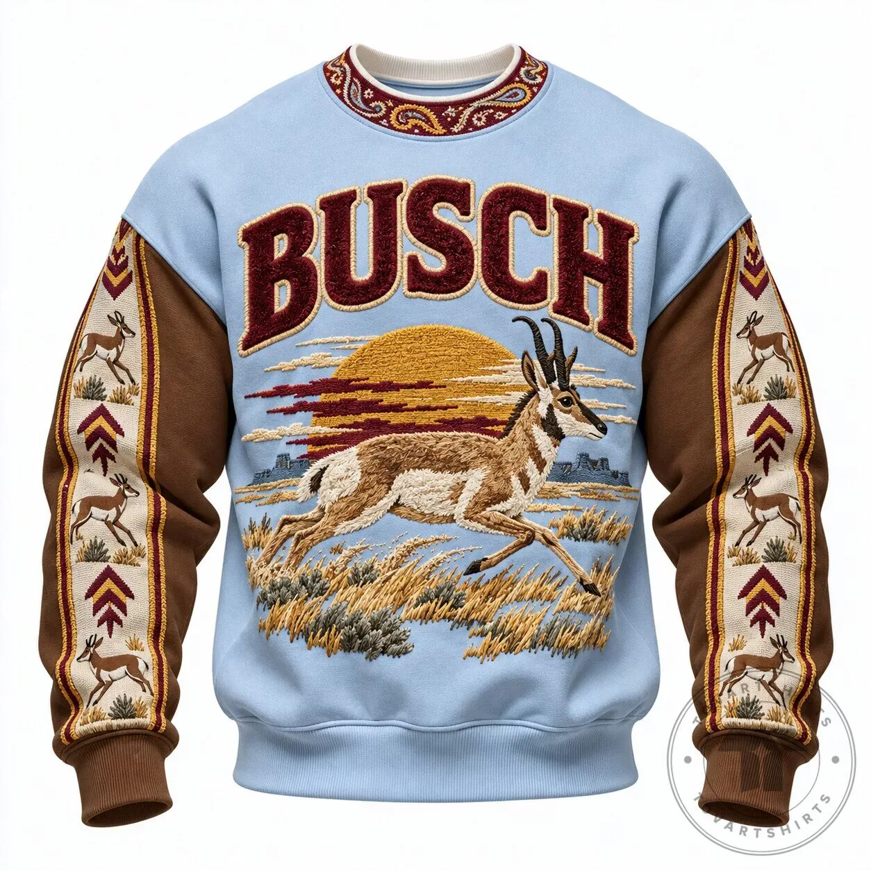Busch Beer Pronghorn Antelope Wildlife Embroidered Crewneck Sweatshirt