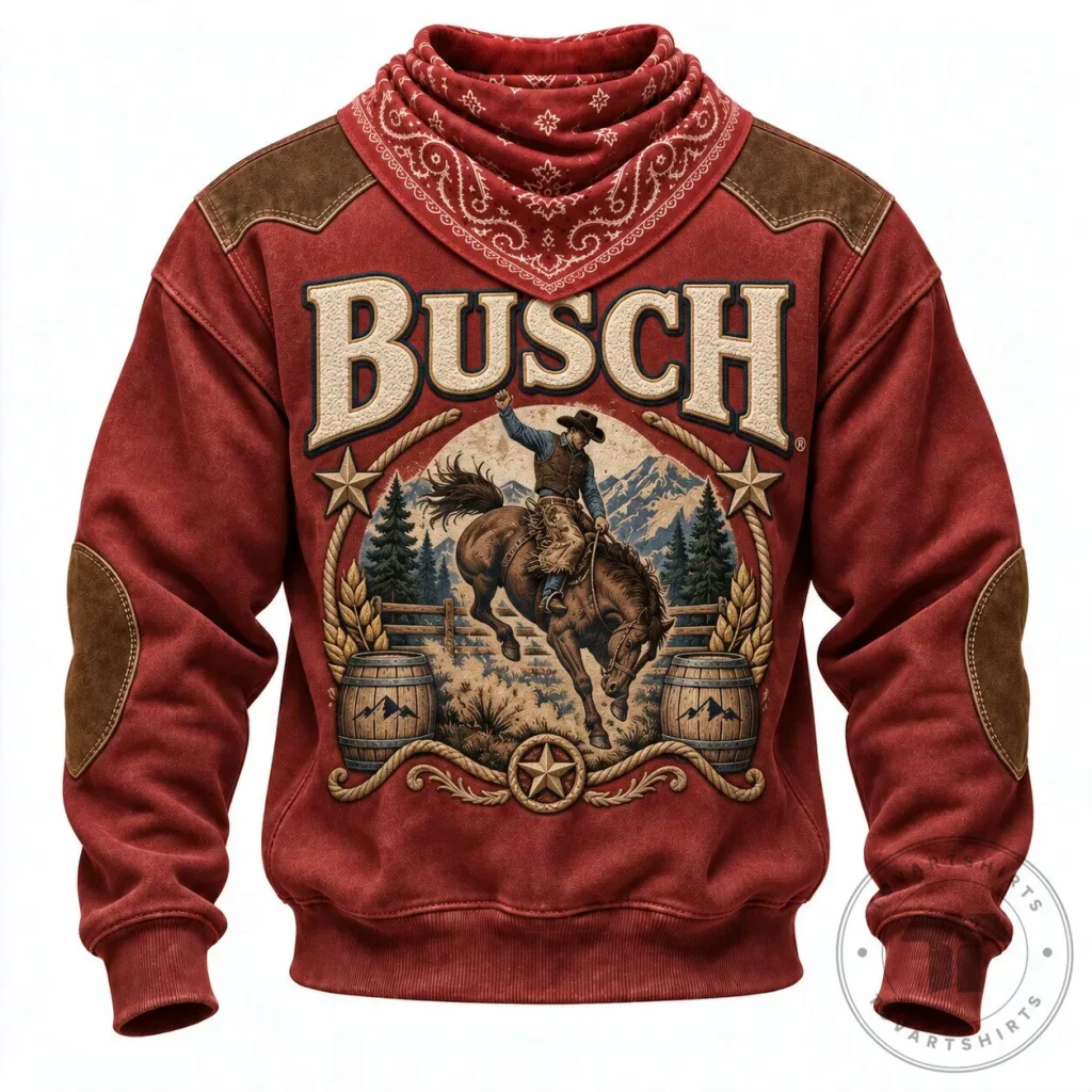 Busch Beer Cowboy Western Style Red Bandana Long-Sleeve Sweatshirt Busch Beer Cowboy Western Style Red Bandana Long-Sleeve Sweatshirt