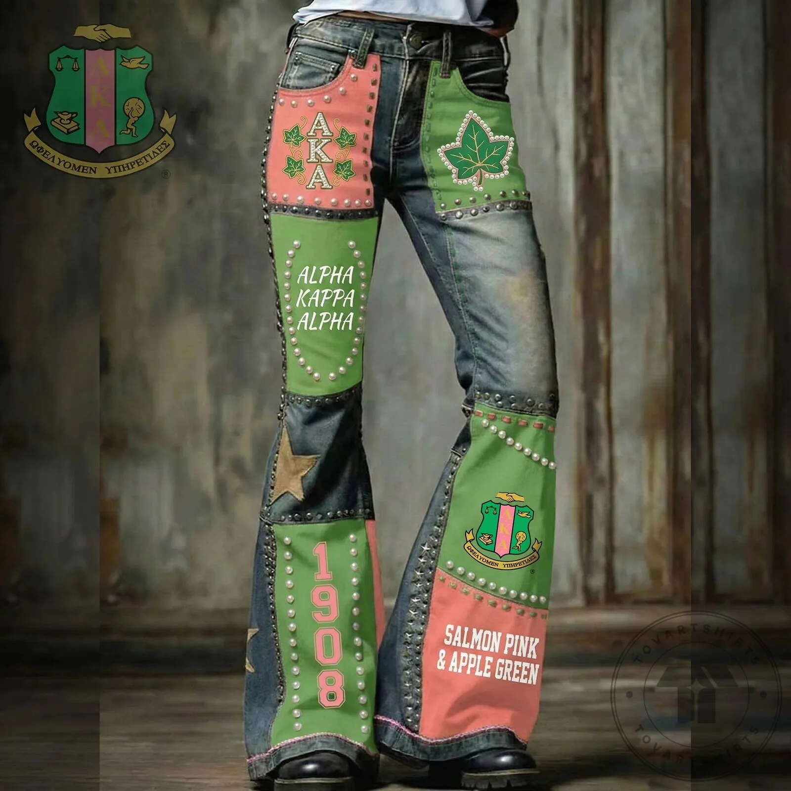 Alpha Kappa Alpha Sorority Pink and Green Patchwork Flared Pants 1 Alpha Kappa Alpha Sorority Pink and Green Patchwork Flared Pants