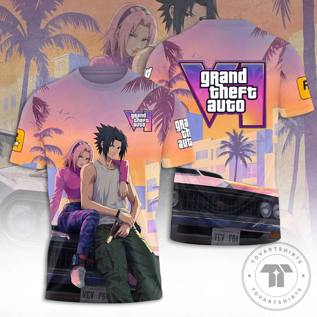 Grand Theft Auto VI Sasuke and Sakura Anime Video Game T-Shirt