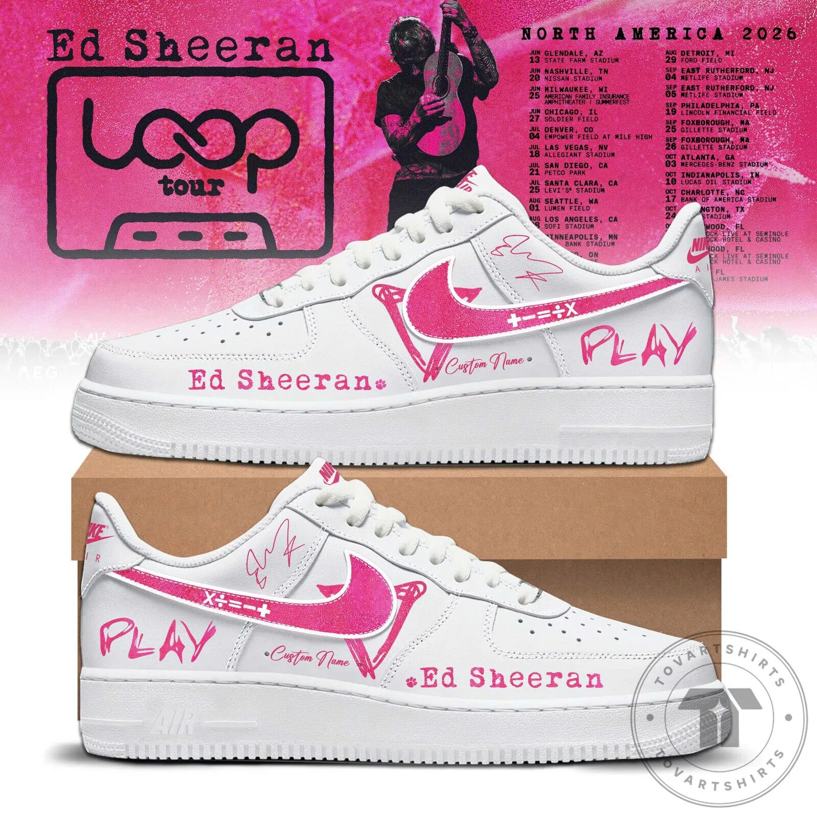 Ed Sheeran Loop Tour 2026 Custom Name White and Pink Sneakers