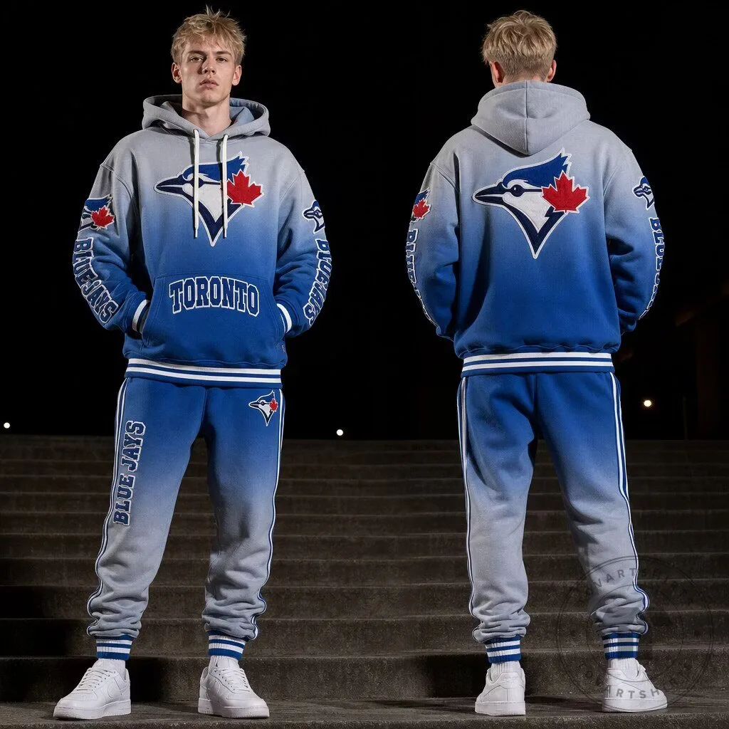 Toronto Blue Jays Baseball Team Blue Gradient Hoodie And Sweatpants Set