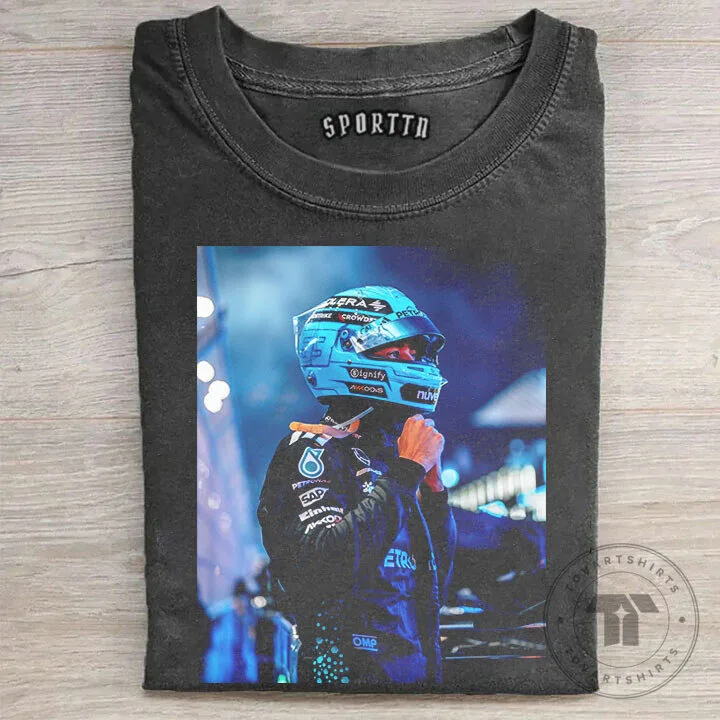 Black Graphic T-Shirt of Formula One Racer George Russell 5 Black Graphic T-Shirt of Formula One Racer George Russell