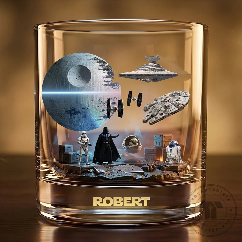 Darth Vader Whiskey Glass featuring Millennium Falcon and Death Star from Star Wars