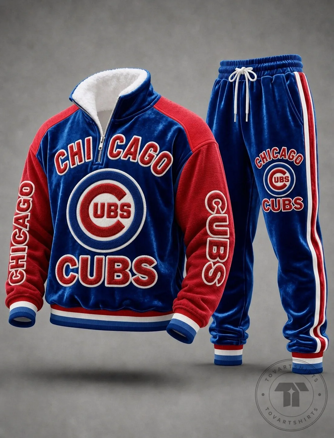 Chicago Cubs Royal Blue Red Velour Quarter-Zip Sweatshirt and Sweatpants Set