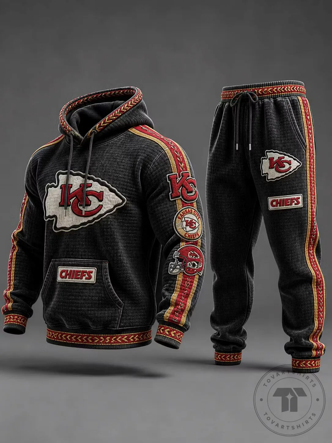Kansas City Chiefs Football Team Logo Black and Red Striped Hoodie and Pants Set