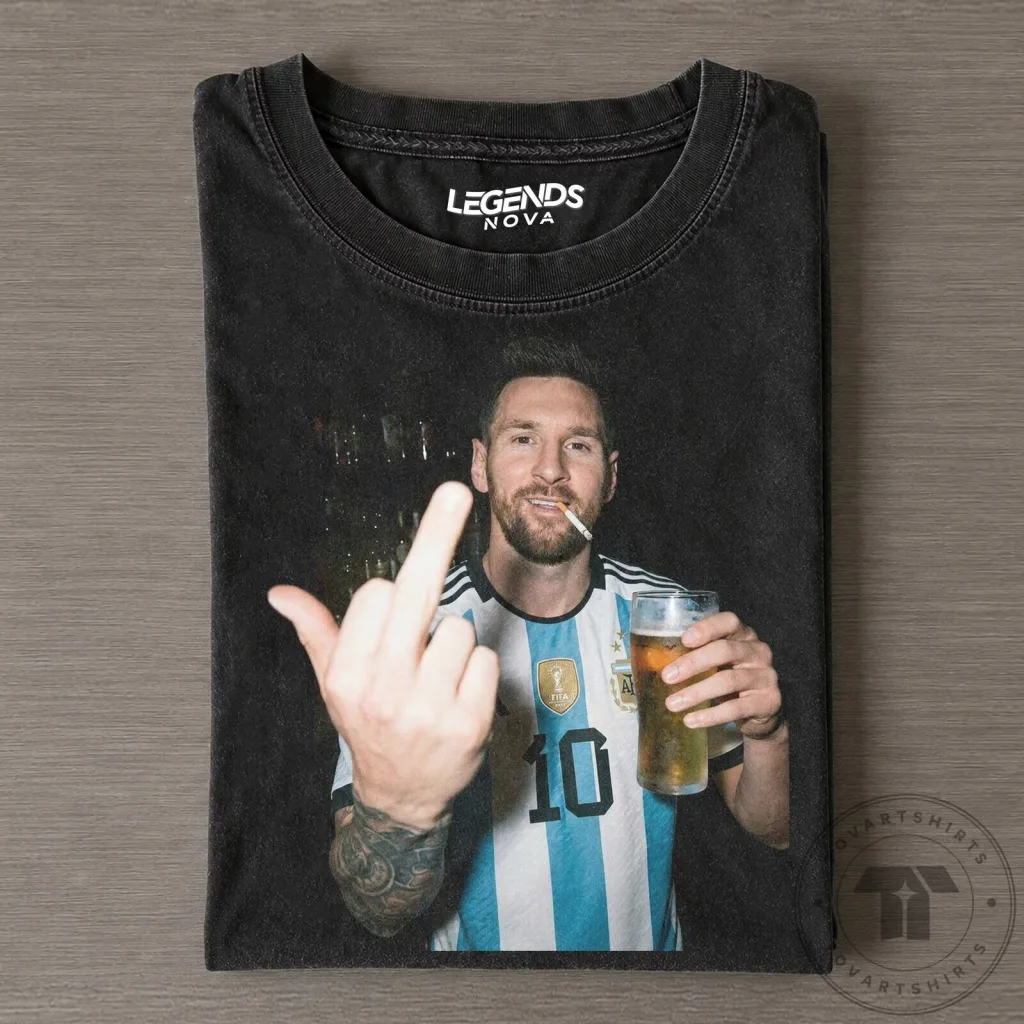 Funny T-Shirt Featuring Lionel Messi with a Middle Finger, Beer, and Cigarette Funny T-Shirt Featuring Lionel Messi with a Middle Finger, Beer, and Cigarette