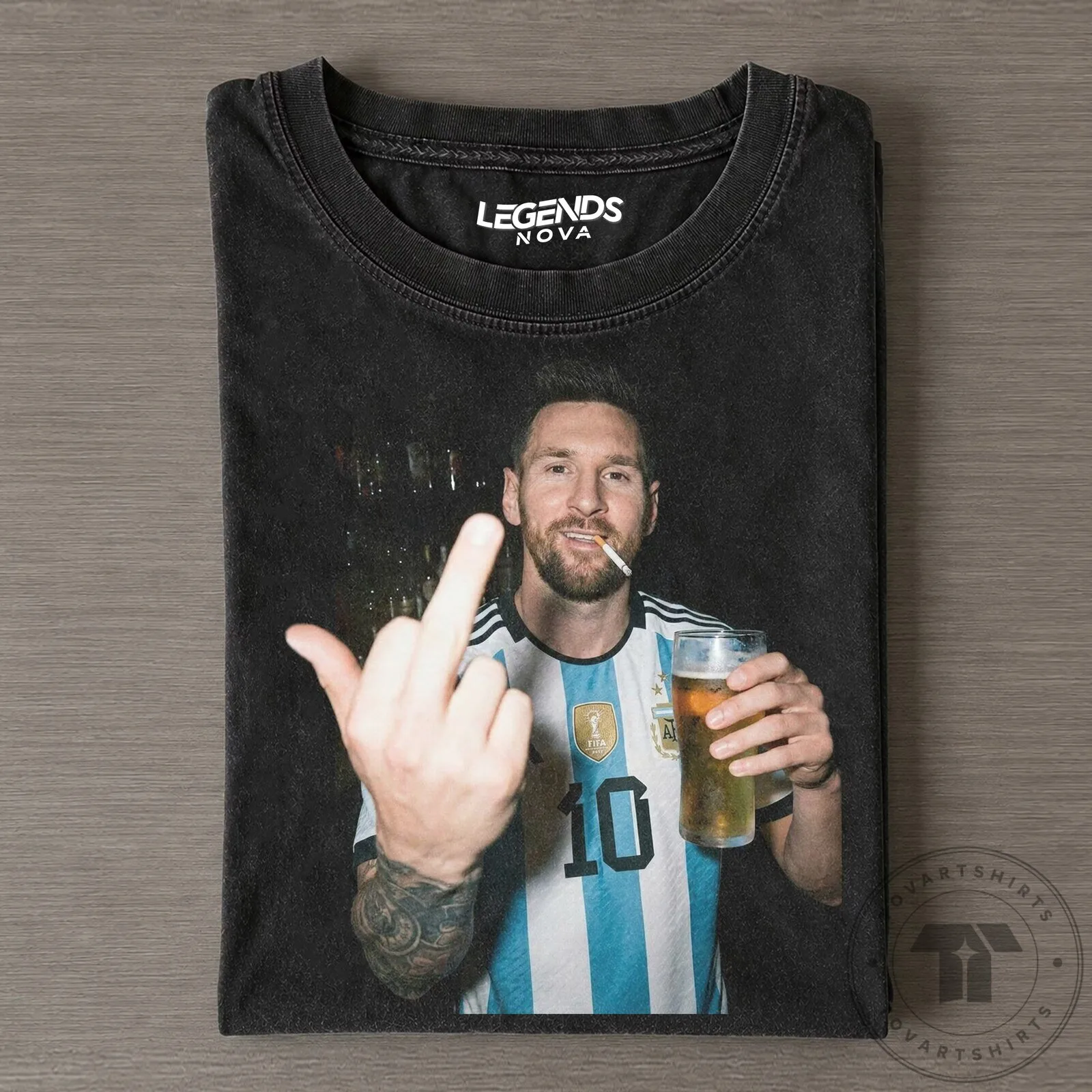 Funny T-Shirt Featuring Lionel Messi with a Middle Finger, Beer, and Cigarette