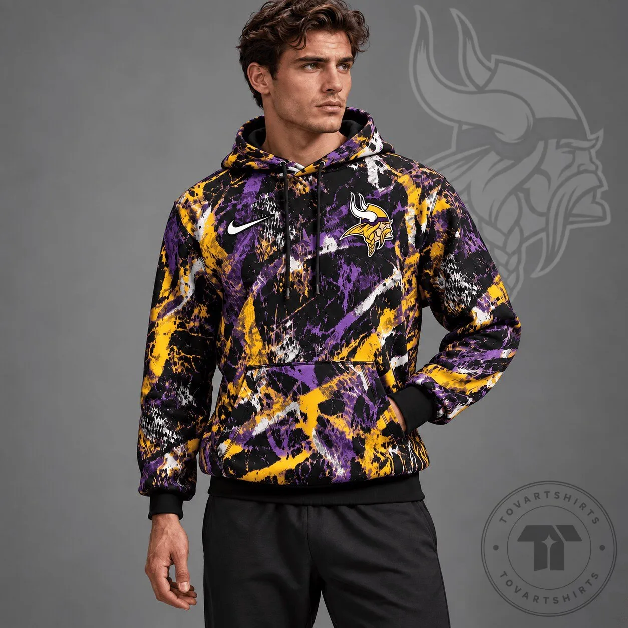 Minnesota Vikings NFL Team Crest Distressed Brush Camouflage Pullover Hoodie 2 Minnesota Vikings NFL Team Crest Distressed Brush Camouflage Pullover Hoodie