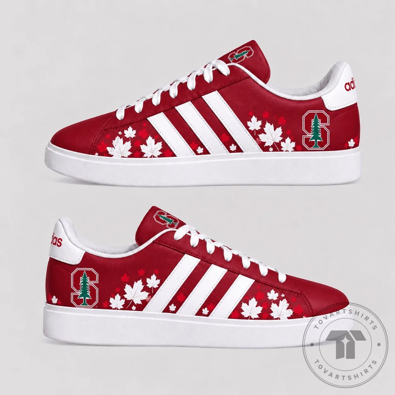 Stanford Cardinal Fall Season Maple Leaf Pattern White Stripes Sneakers