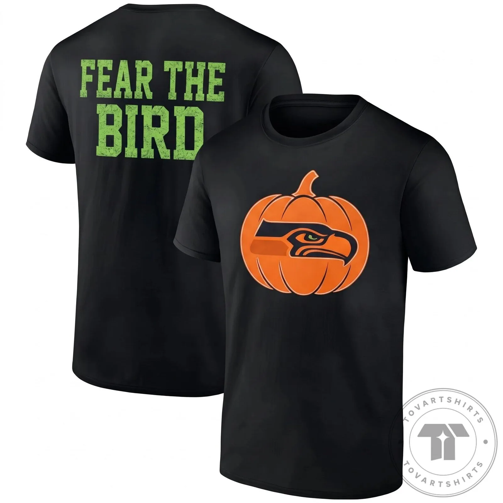 Black T-Shirt Featuring Seattle Seahawks Halloween Pumpkin Logo - Fear The Bird