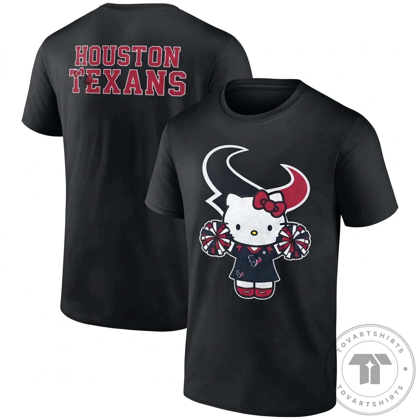 Houston Texans Hello Kitty Cheerleader Black Football Fan T-Shirt 2 Houston Texans Hello Kitty Cheerleader Black Football Fan T-Shirt
