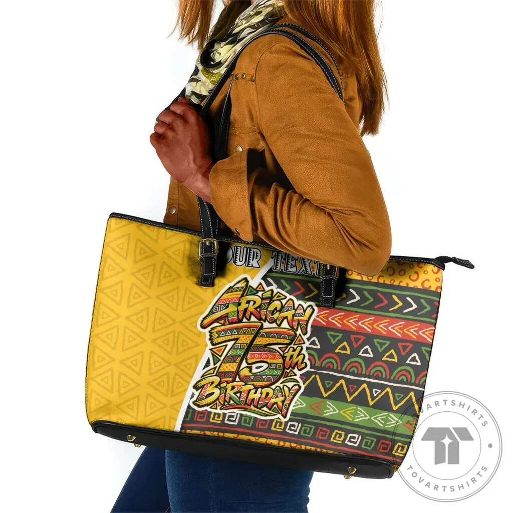 Personalized African 75th Birthday Leather Tote Bag Colorful Tribal Geometric Heritage Pattern