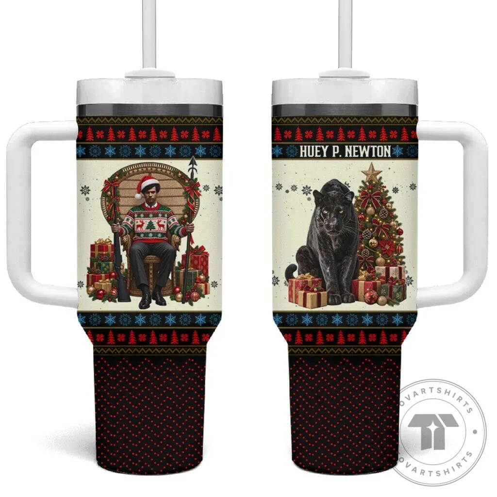 Huey P. Newton Black Panther Christmas Ugly Sweater Pattern Tumbler With Handle