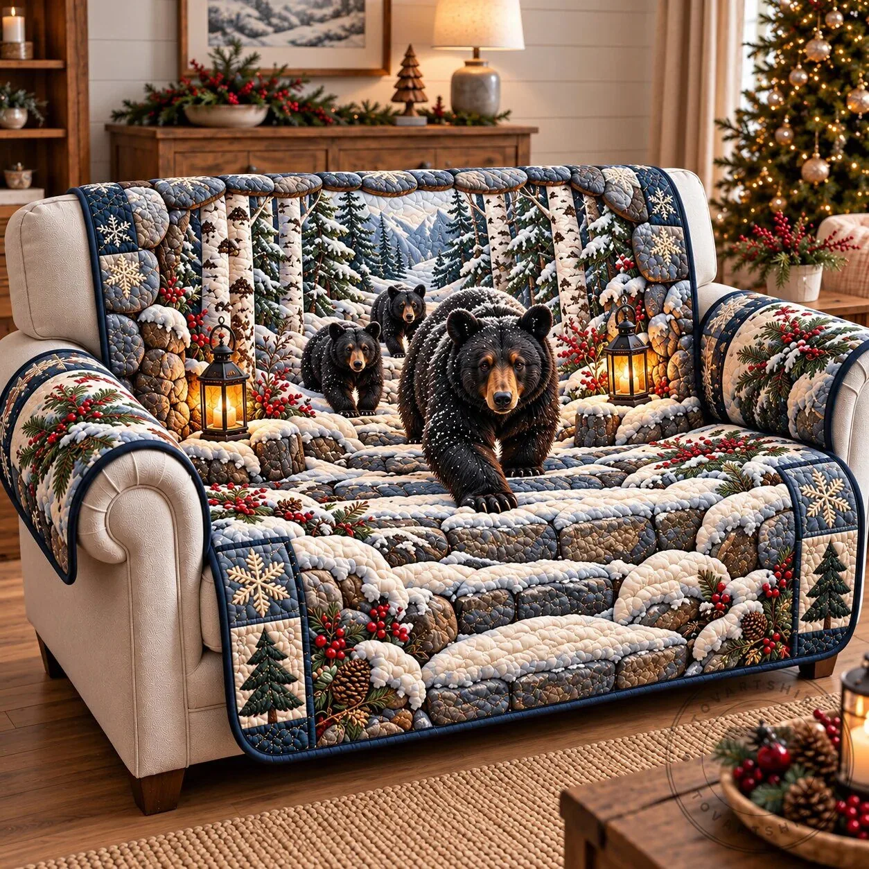 Winter Rustic Guardian Black Bear Quilted Sofa Cover