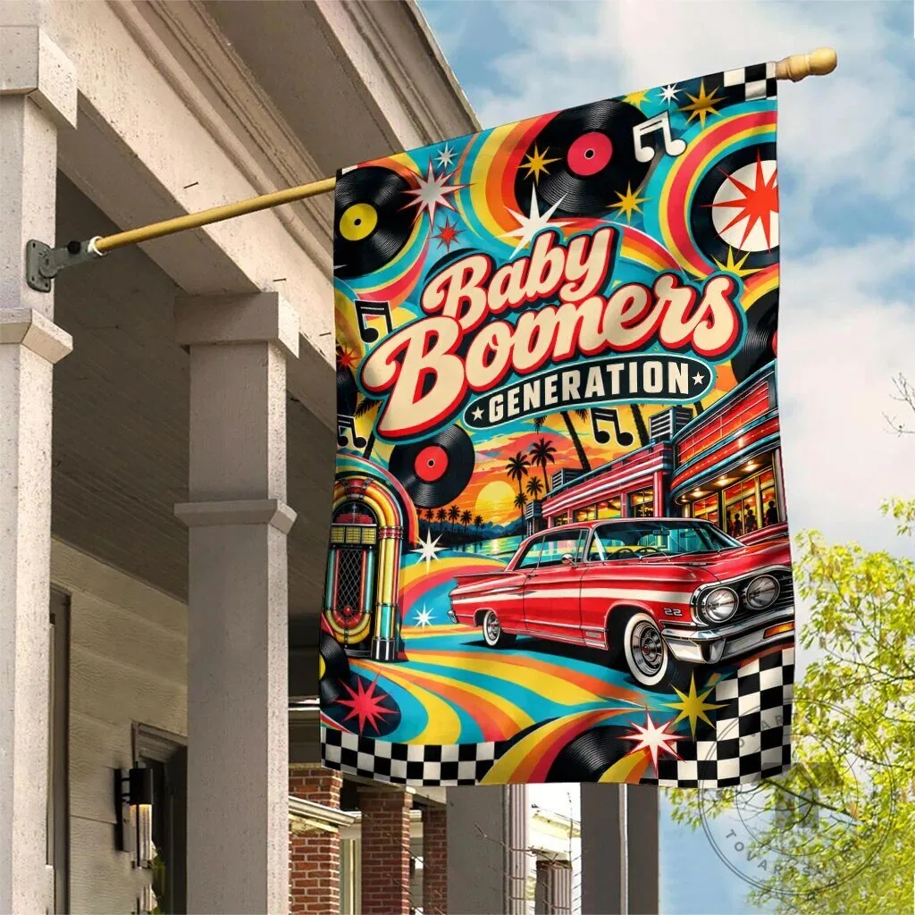 Baby Boomers Generation Vintage Retro Classic Car And Vinyl Records Nostalgia Flag