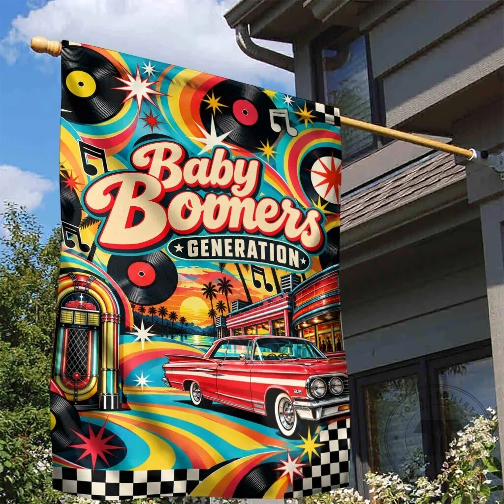 Baby Boomers Generation Vintage Retro Classic Car And Vinyl Records Nostalgia Flag – image 2 of 5