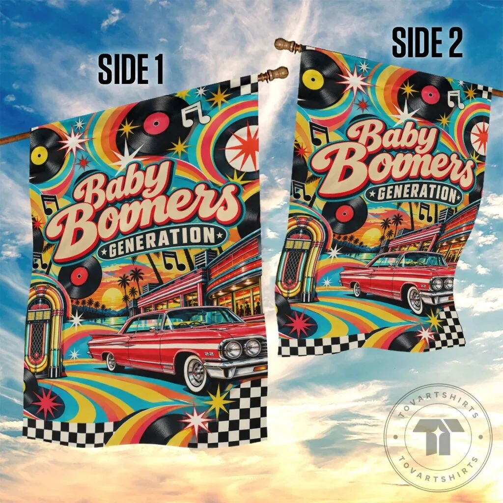 Baby Boomers Generation Vintage Retro Classic Car And Vinyl Records Nostalgia Flag – image 3 of 5