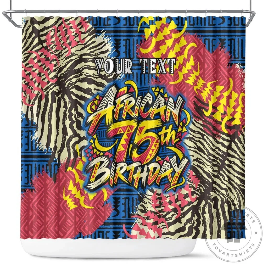 Personalized African 75th Birthday Shower Curtain with Colorful Tribal Striped Heritage Art