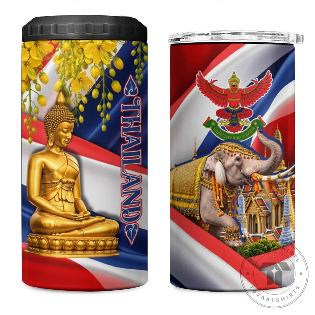 Thailand Golden Buddha Elephant Garuda Flag Art Can Cooler Tumbler 1 Thailand Golden Buddha Elephant Garuda Flag Art Can Cooler Tumbler