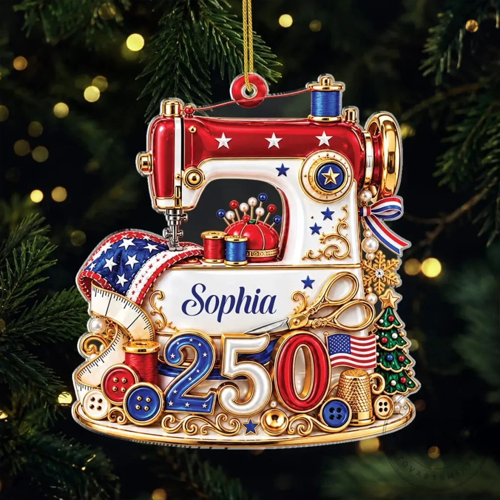 Personalized USA 250th Anniversary Sewing Machine Christmas Tree Ornament Personalized USA 250th Anniversary Sewing Machine Christmas Tree Ornament