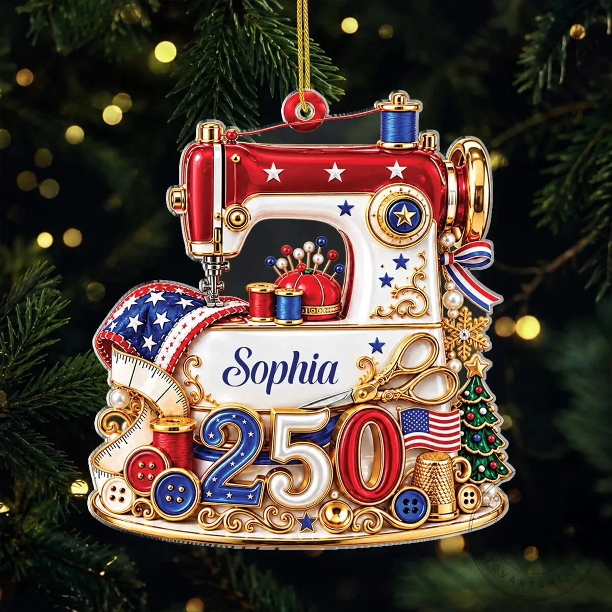 Personalized USA 250th Anniversary Sewing Machine Christmas Tree Ornament