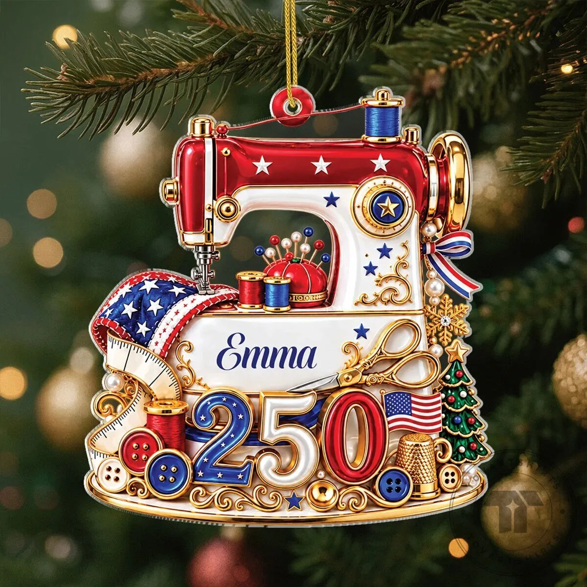 Personalized USA 250th Anniversary Sewing Machine Christmas Tree Ornament 11 Personalized USA 250th Anniversary Sewing Machine Christmas Tree Ornament
