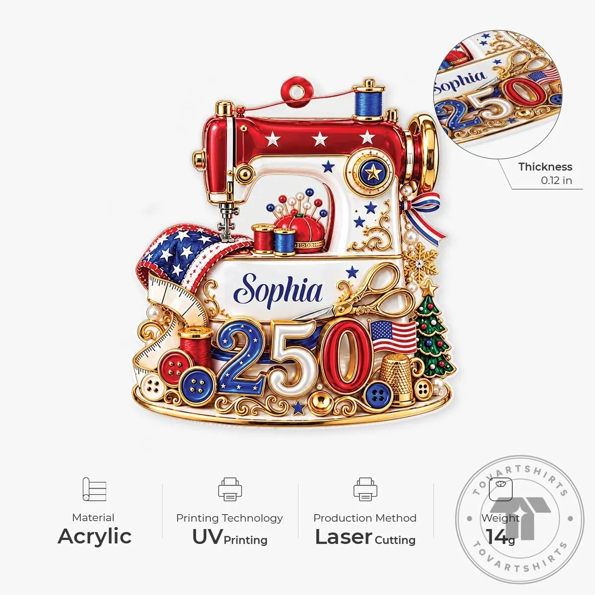 Personalized USA 250th Anniversary Sewing Machine Christmas Tree Ornament 12 Personalized USA 250th Anniversary Sewing Machine Christmas Tree Ornament