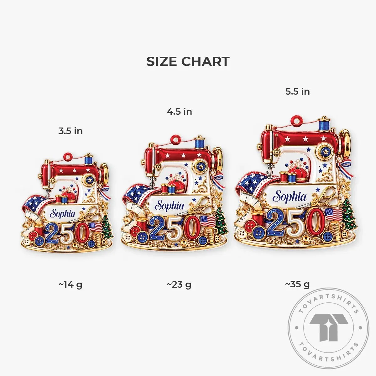 Personalized USA 250th Anniversary Sewing Machine Christmas Tree Ornament 13 Personalized USA 250th Anniversary Sewing Machine Christmas Tree Ornament