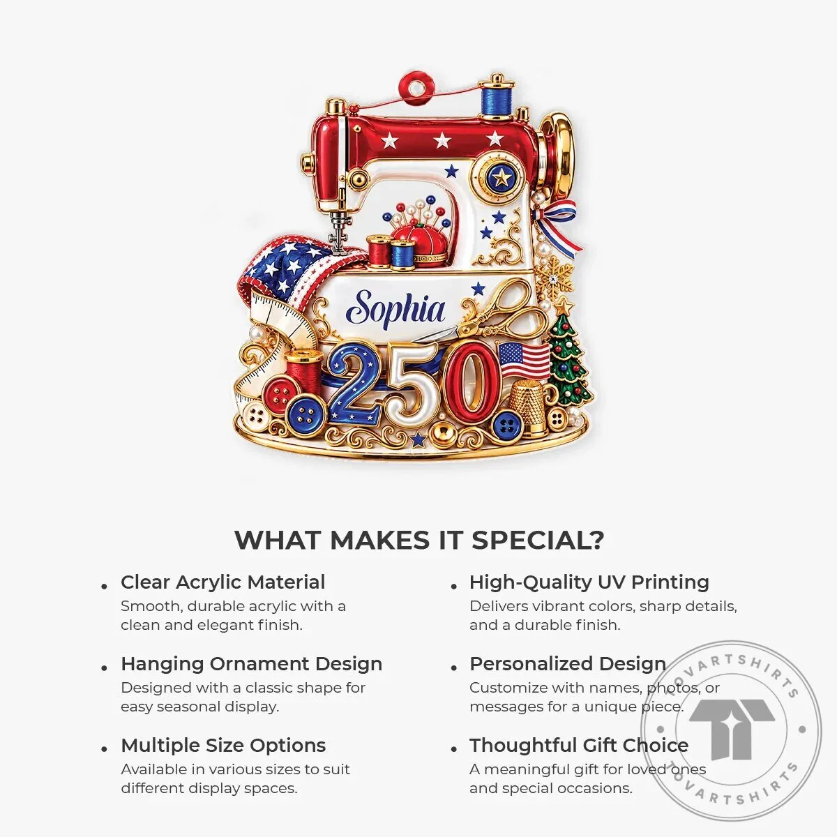 Personalized USA 250th Anniversary Sewing Machine Christmas Tree Ornament 15 Personalized USA 250th Anniversary Sewing Machine Christmas Tree Ornament