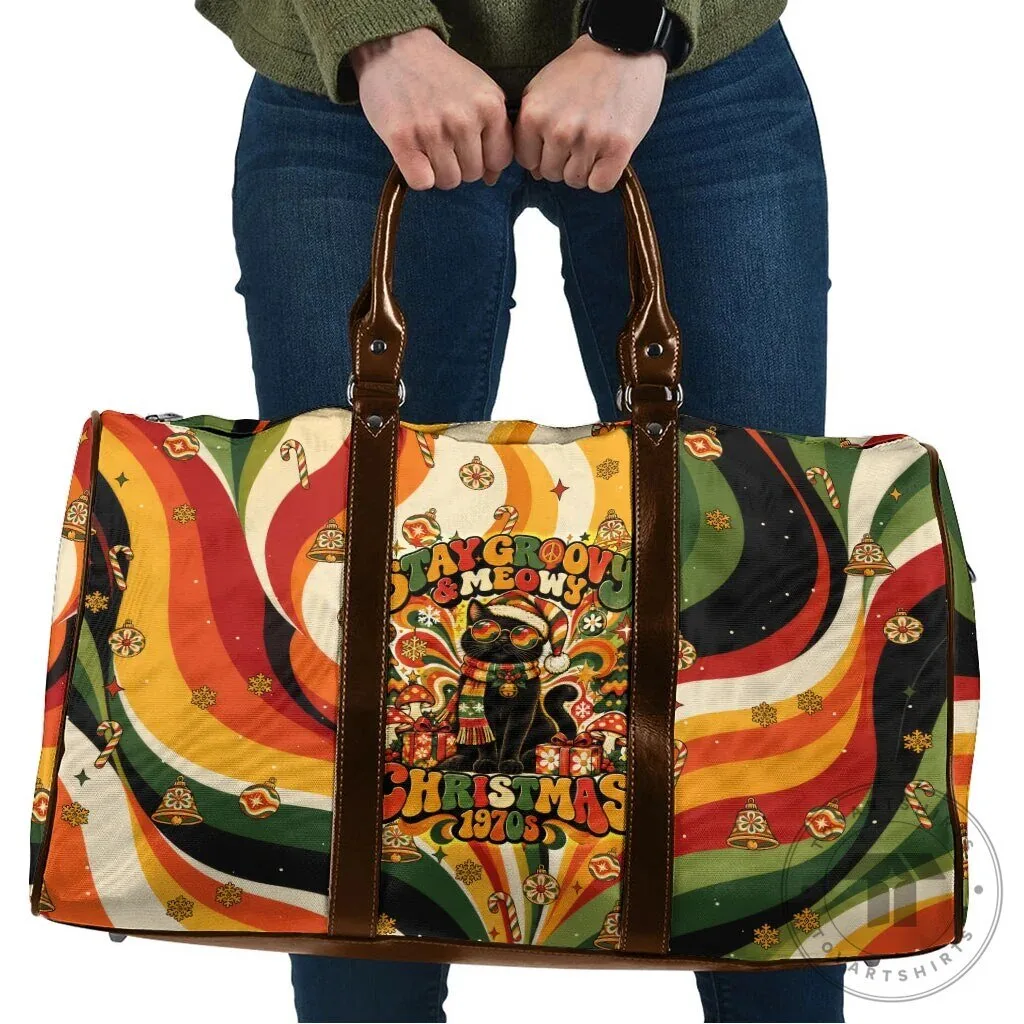 Stay Groovy & Meows Christmas 1970s Black Cat Retro Holiday Travel Bag