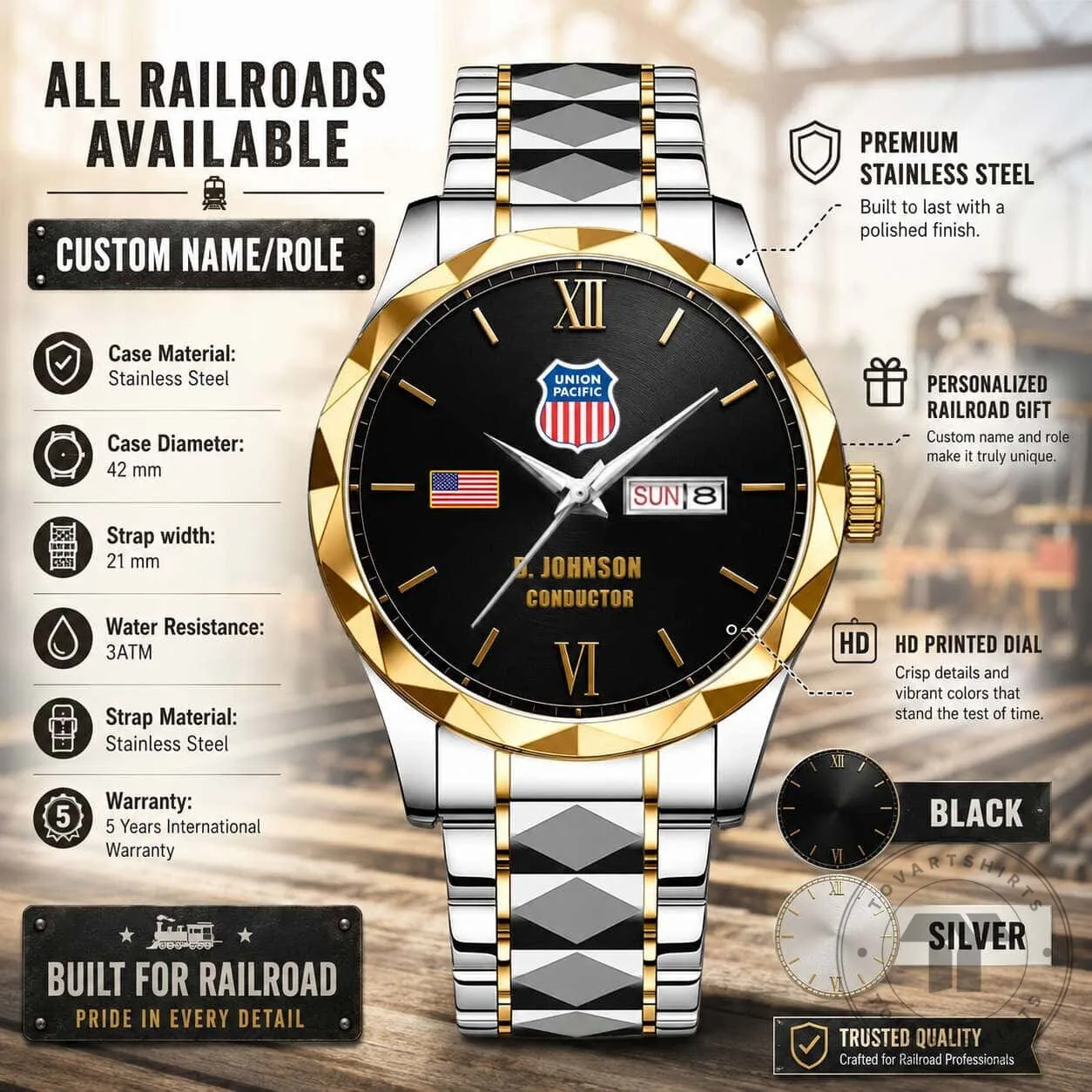 Union Pacific Railroad Conductor Custom Name Stainless Steel Watch 1 Union Pacific Railroad Conductor Custom Name Stainless Steel Watch