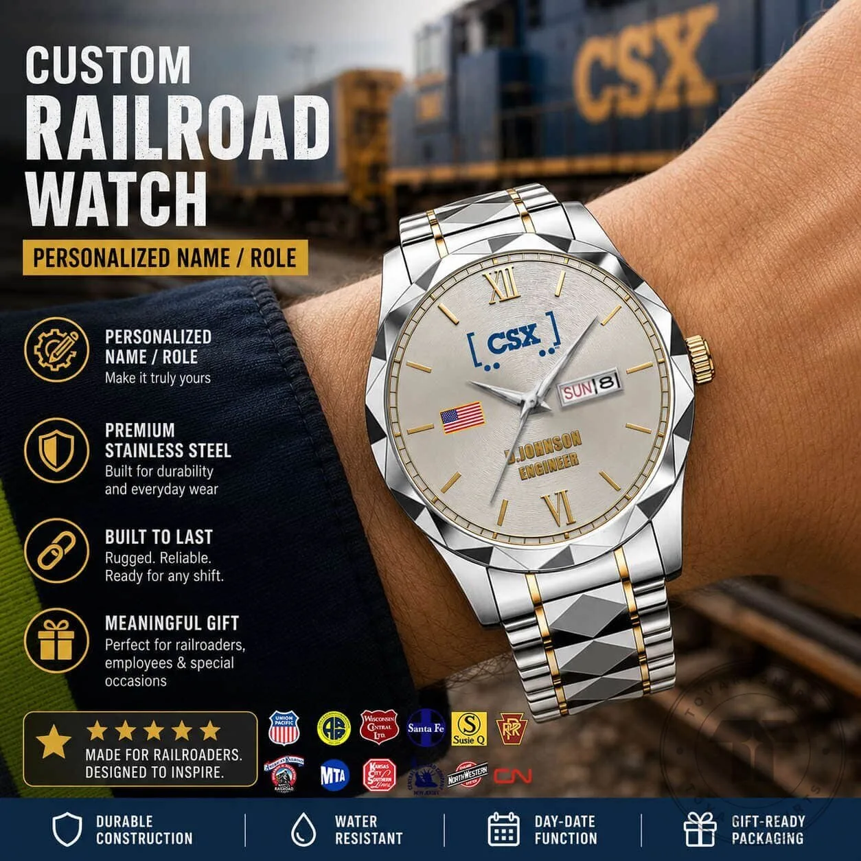 Union Pacific Railroad Conductor Custom Name Stainless Steel Watch 12 Union Pacific Railroad Conductor Custom Name Stainless Steel Watch