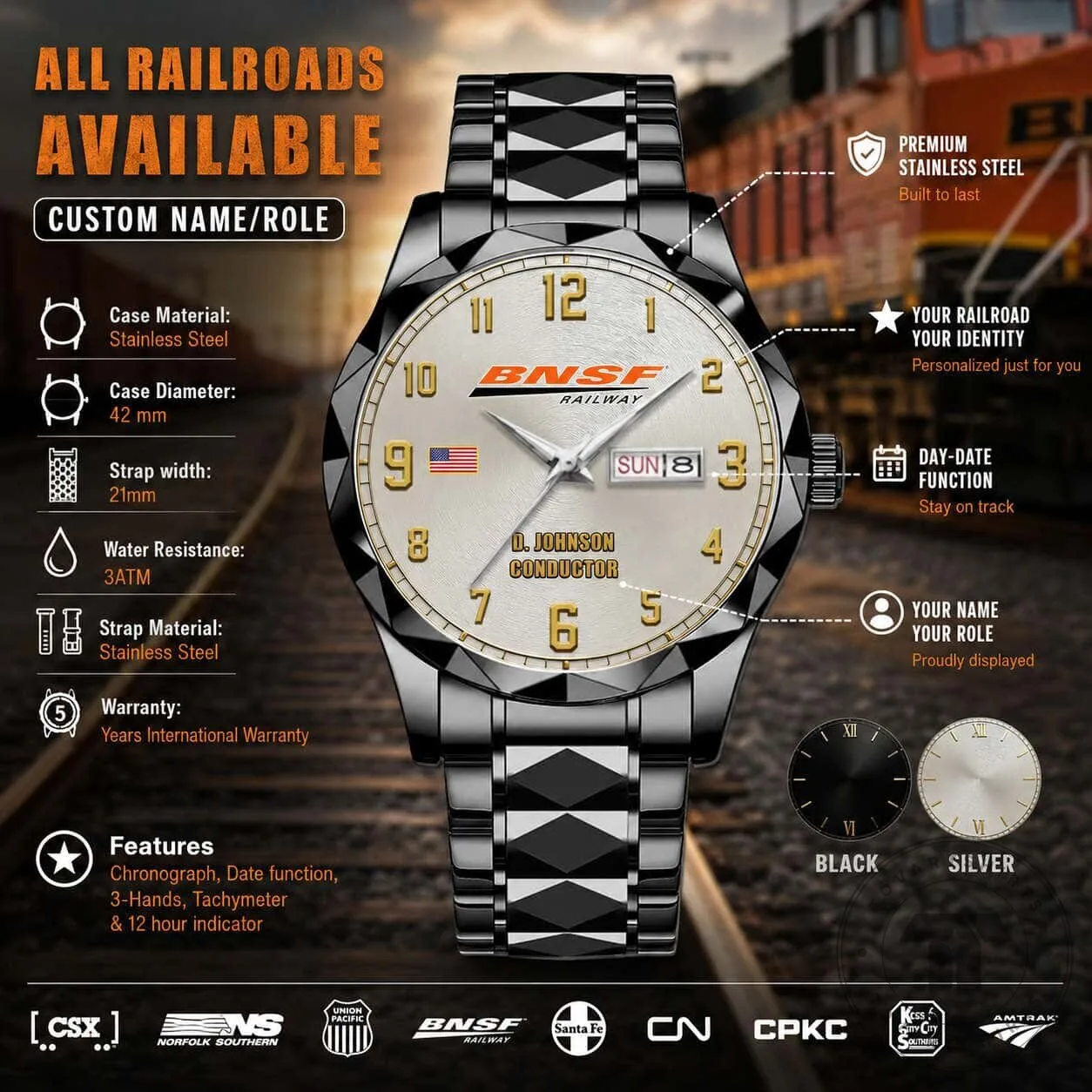 Union Pacific Railroad Conductor Custom Name Stainless Steel Watch 13 Union Pacific Railroad Conductor Custom Name Stainless Steel Watch